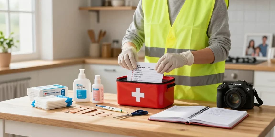 Organized first aid box items list on a kitchen table for home safety